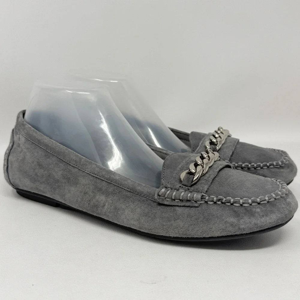 Vionic Womens Mesa‎ 9 Gray Suede Loafer Silver Chain Preppy Academia NO INSERTS